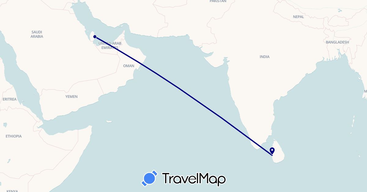 TravelMap itinerary: driving, plane in Sri Lanka, Qatar (Asia)